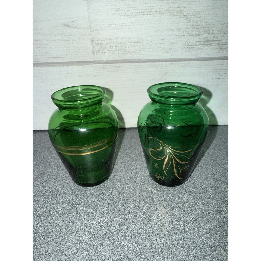 VTG 50s Forest Green Anchor Hocking Little Bud‎ Vase Pair Gold  3.75